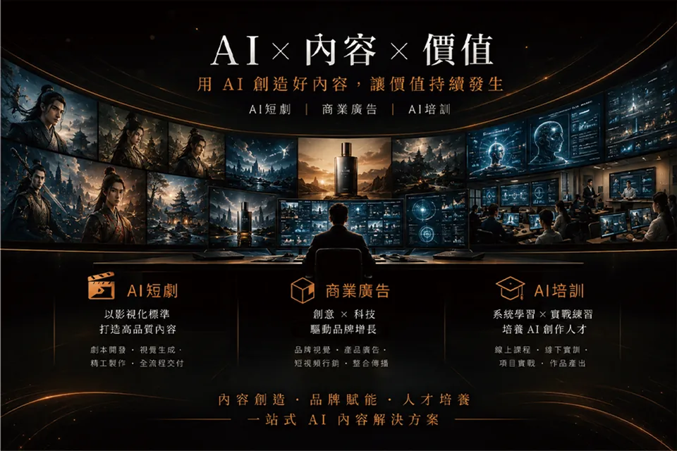 AI × 內容 × 價值：AI 短劇、商業廣告、AI 培訓一站式內容解決方案示意圖